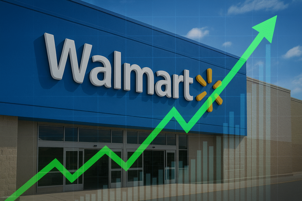 Walmart stock forecast: “Walmart store exterior with a rising green stock chart overlay, symbolizing Walmart’s strong stock forecast and retail growth in 2025.”