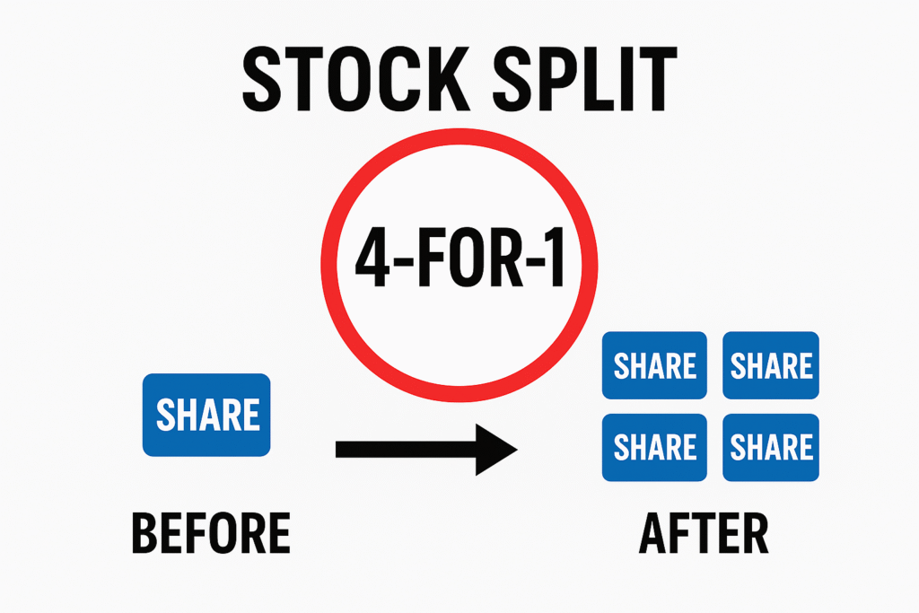 4-for-1 GameStop stock split explained visually with share distribution example.