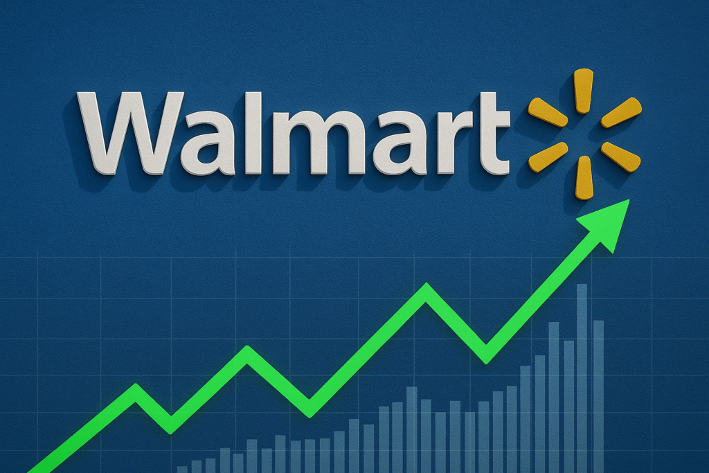 “Walmart logo with an upward-trending green stock graph, representing Walmart’s increasing market performance and positive investor outlook.”