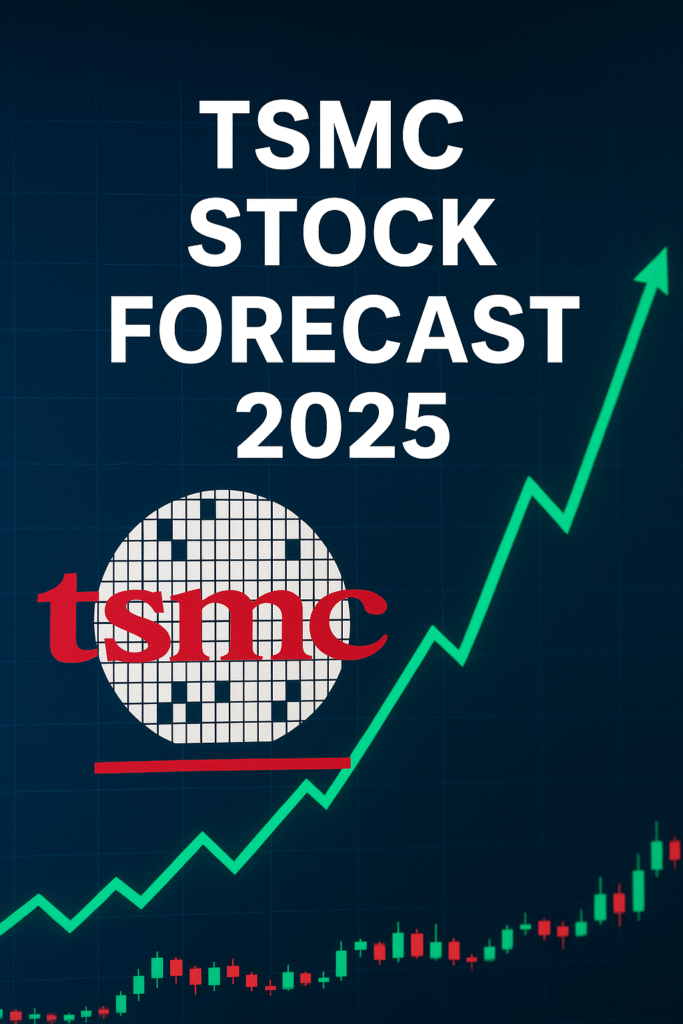 TSMC stock forecast 2025 showing an upward green trend line, semiconductor chart background, and TSMC logo — representing strong AI-driven growth and stock optimism.