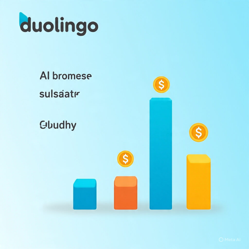 Infographic showing Duolingo’s AI innovations, subscription growth, and future stock forecast trends.