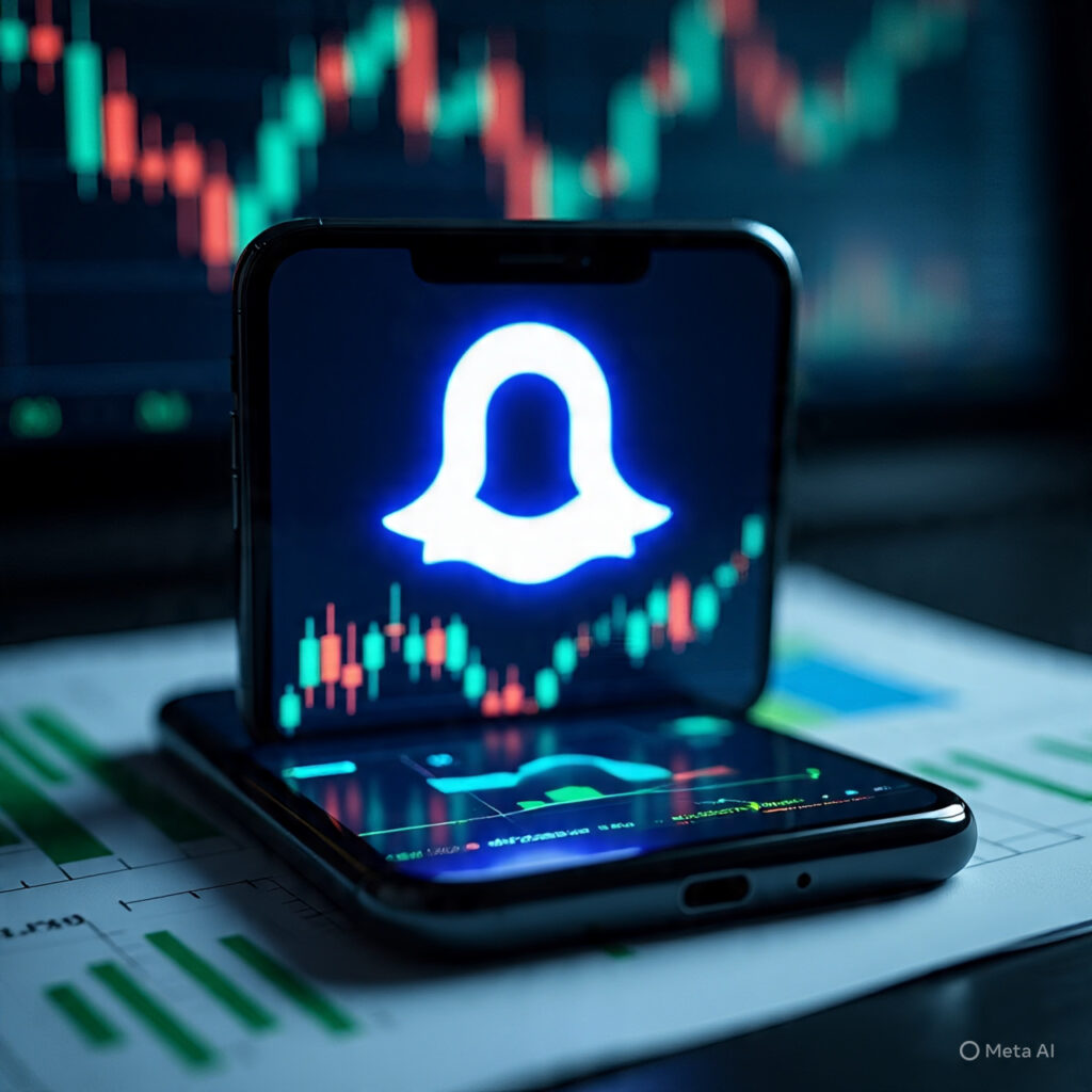 Snap stock earnings date 2025 – Snapchat logo with stock charts background.