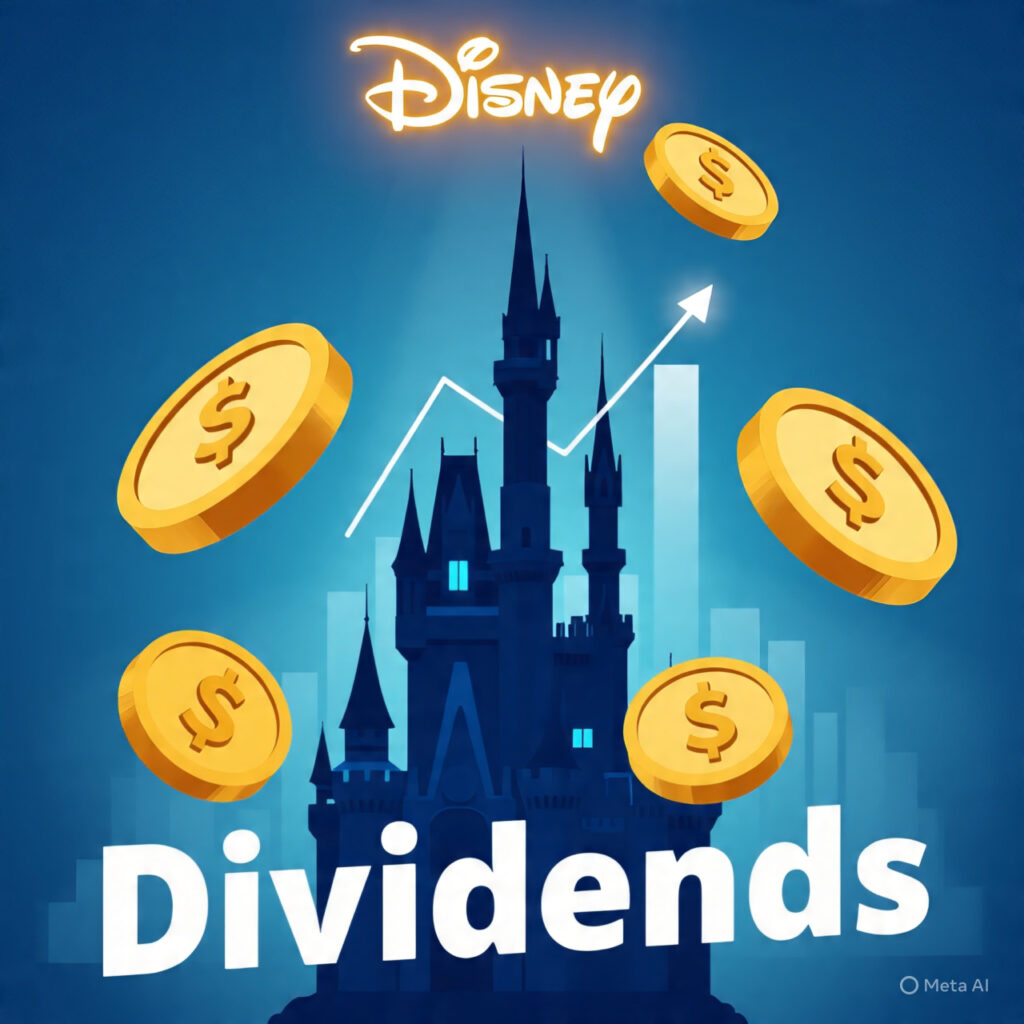 Digital illustration of Disney castle with floating dollar coins and upward stock chart symbolizing dividend increase.