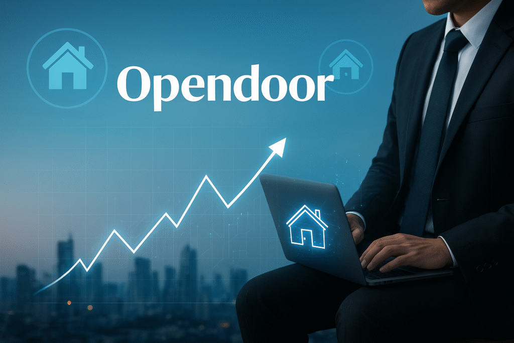 Opendoor stock forecast 2025 – AI-driven real estate technology concept with city skyline and stock chart.