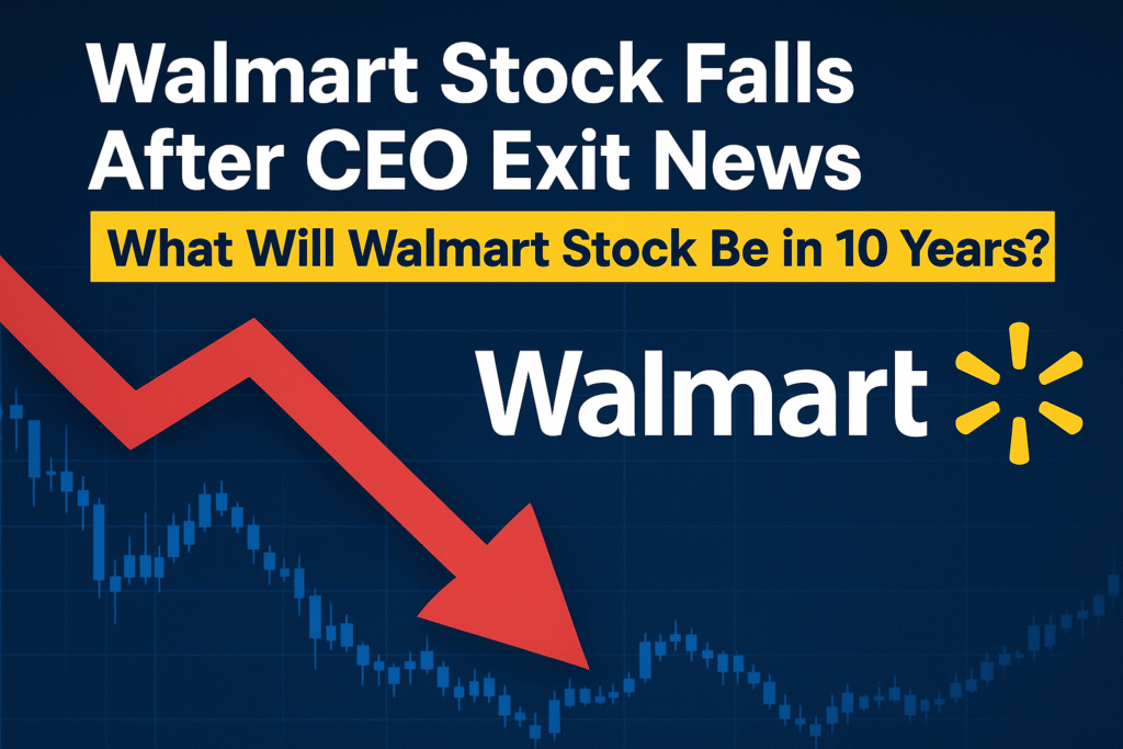 Digital stock market graphic showing Walmart logo with falling and rising price candles, representing Walmart stock news and long-term forecast.