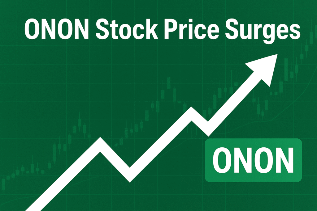 ONON stock price surges illustration showing an upward white arrow on a green financial chart background, representing rising stock performance of On Holding AG.