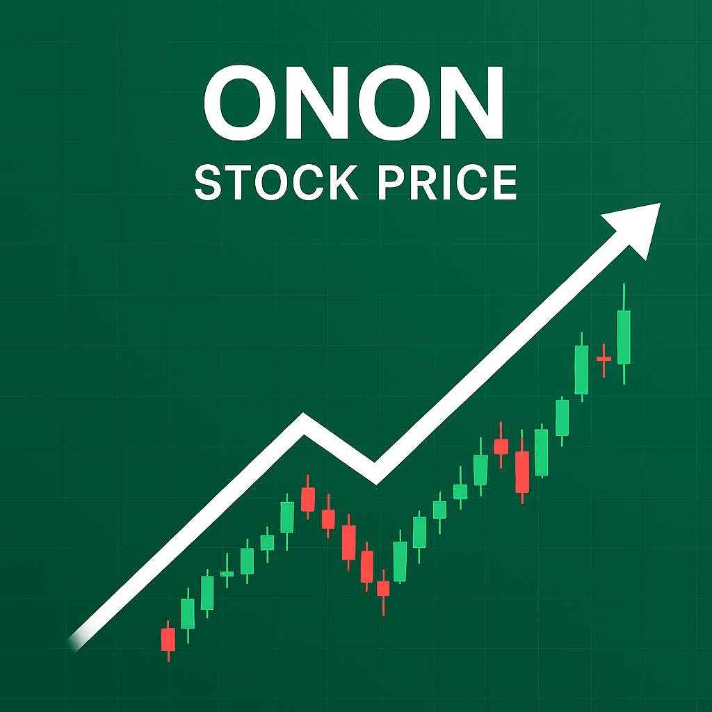ONON stock price graphic with candlestick chart and rising trend arrow, symbolizing the positive movement in On Holding AG share price.
