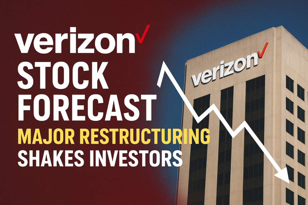 Verizon stock forecast headline shown on a dark red background with bold white and yellow text, alongside the Verizon logo and a downward financial graph indicating market pressure. A Verizon office building appears on the right side under clear blue sky.