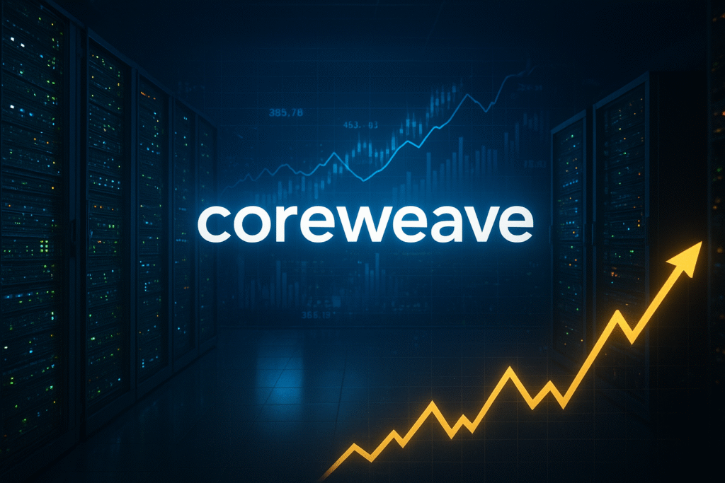 CoreWeave data center and stock performance illustration representing AI-driven earnings growth and cloud infrastructure expansion.