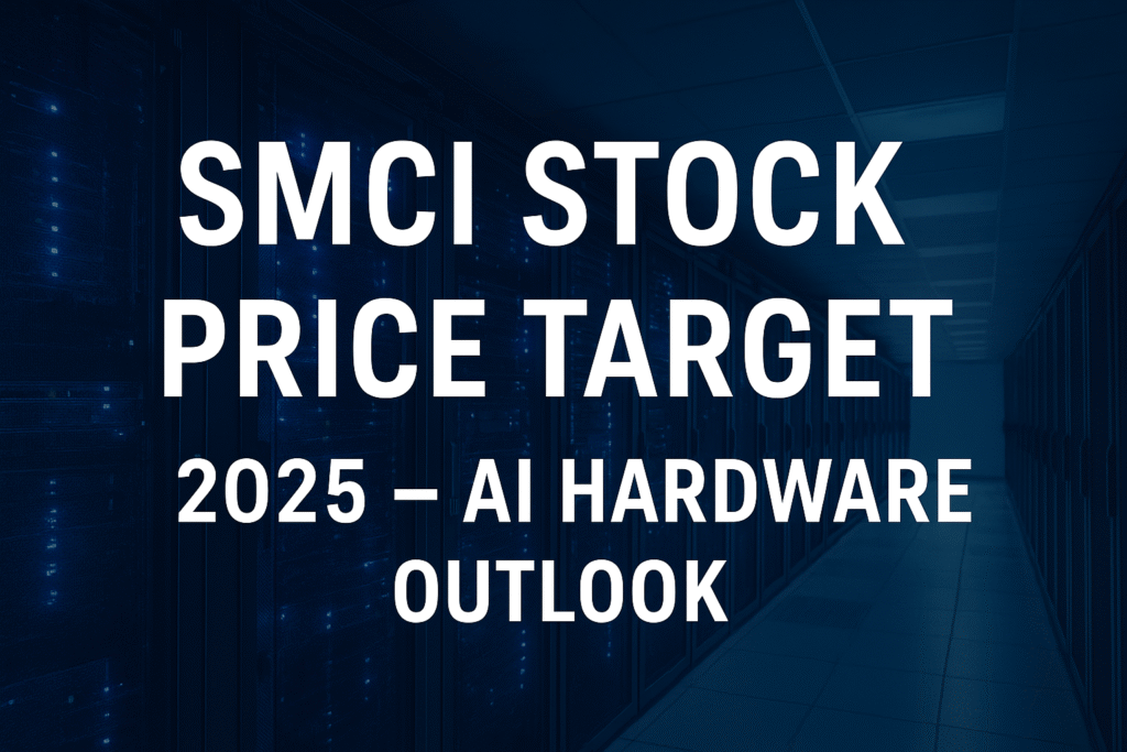 SMCI stock price target 2025 with AI hardware growth forecast and data center visualization