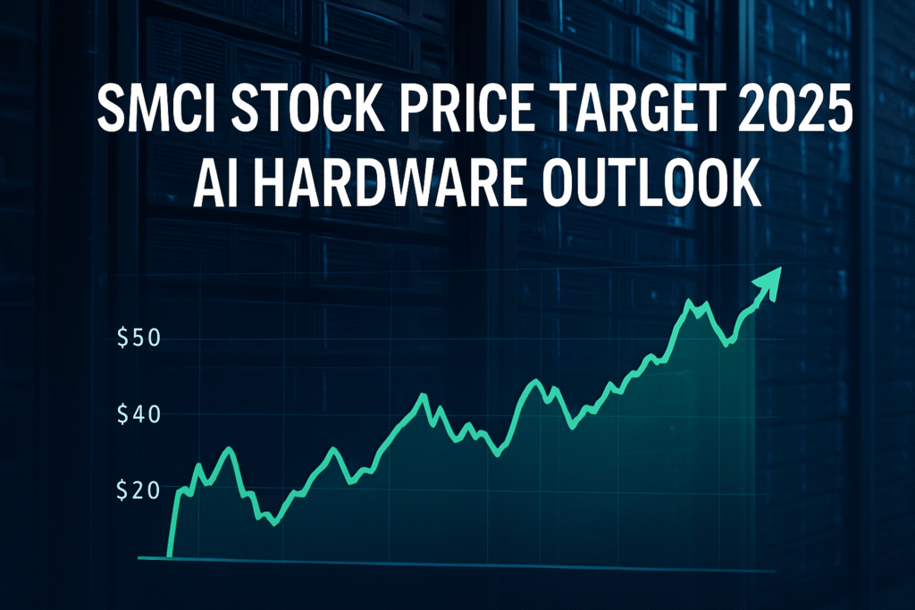 Super Micro Computer SMCI stock chart showing market growth with server and AI technology background